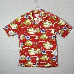 VINTAGE Hawaii Men Button Up Shirt Large Red Floral Aloha Hibiscus Hula Hut 80s